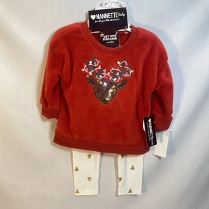 Set Pantaloni Nanette Bambina Natale Vacanze Top e Bottom Rosso Tg 24 Mesi ~ Nuovi con etichette - Foto 1 di 3