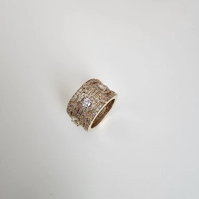 Винтажное широкополосное кольцо из желтого золота 14 карат с несколькими драгоценными камнями бриллиантами на заказ - Изображение 1 из 4