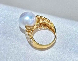Aurora white hue green pink lustre 13-14mm Aus south sea pearl ring G18K Diamond - Picture 1 of 5