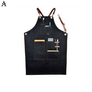 1Pc Denim Bib Apron Leather Strap Barista Baker Bartender Bbq Chef Work Uniform