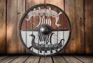Viking Shield With caribean ship Ornaments Battleworn Wooden Shield 24 inch - Picture 1 of 4