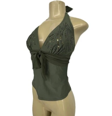 NUEVO Profile By Gotex Talla 10 Embellecido Tankini Halter Cuello en Oliva 1-4 Foto 1 de 4