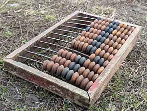 OLD PRIMITIVE ANTIQUE WOODEN ABACUS WIRE COUNT HAND MADE CALCULATOR - Picture 1 of 14
