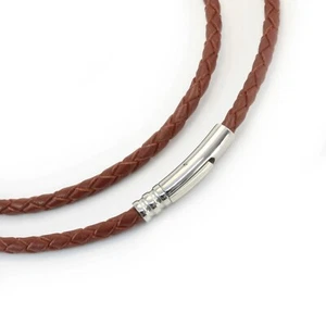 Mens Leather Necklace With Stainless Steel Clasp-Genuine Braided Saddle Brown - Picture 1 of 8