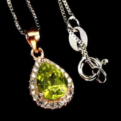 925 Sterling Silver Necklace Pear Peridot 8x6mm Simulated Cz Gemstone Jewelry 16 - Image 1 of 4