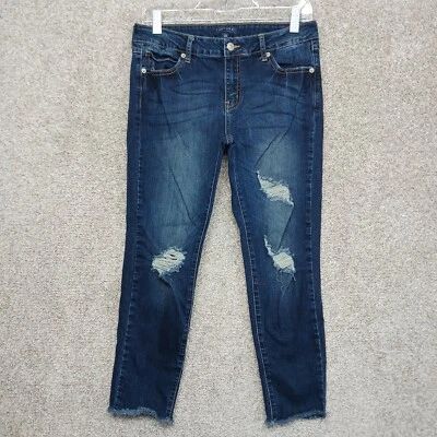 Pantalones de mezclilla Just USA para mujer 28 azul lavado oscuro dobladillo crudo desgastados 5 bolsillos informales tobillo Foto 1 de 4