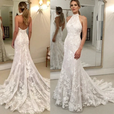 Mermaid Wedding Dress Halter Neck Backless Lace Applique Sweep Train Bridal Gown - Image 1 of 4