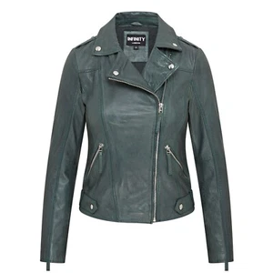 Ladies Green Biker Leather Jacket Classic Style Women's Zipped Brando Jacket - Picture 1 of 8