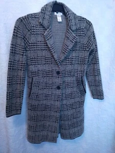 WOMENS MAX STUDIO SIZE XS BEIGE BLACK HOUNDSTOOTH PLAID POCKETED SWEATER COAT - Picture 1 of 6