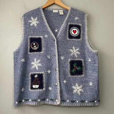 NorthCrest Vest Size XL Blue Rabbit Hair Embroidered Sweater Christmas Winter - Image 1 of 4