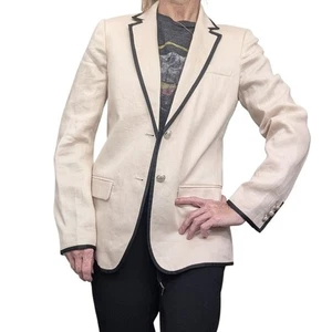 J.Crew Linen Blazer Women’s 4 Cream Black Trim Tuxedo Style Jacket Workwear - Picture 1 of 9