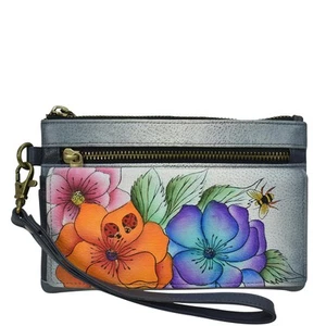 Women's Hand-Painted Leather Wristlet Organizer Wallet, Paradise Found Grey - Picture 1 of 7