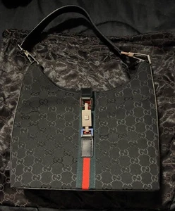 Vintage Gucci GG Logo Black Canvas Hobo Shoulder Bag Sherry Line Push Clasp - Bild 1 von 17