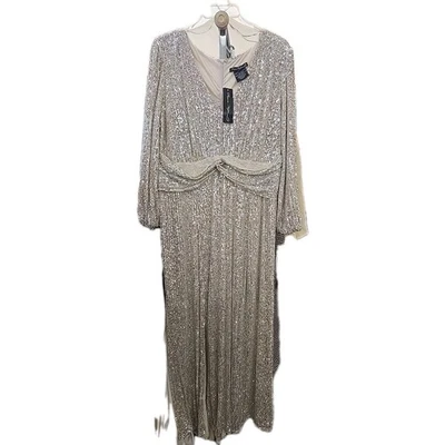 NEW  Pisarro Nights [ 16 ] Sequin Long Sleeve A-Line Gown Cream/Silver  - Image 1 of 4