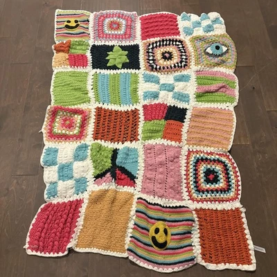 Crochet Patchwork Throw Blanket Cotton Multicolor Granny Square Blue Eye Smiley - Image 1 of 4