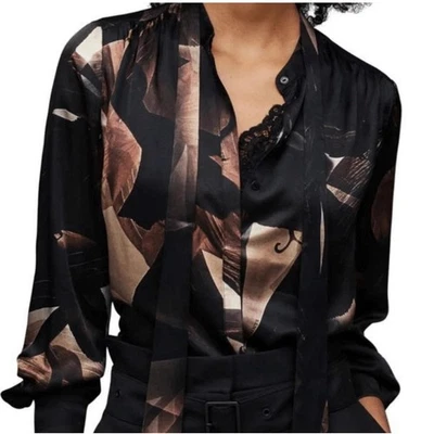 AllSaints Toni Iris Silk Shirt UK 14 US 10 EU 42 Long Sleeve Abstract Print Art - Image 1 of 4