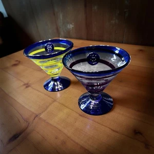 Hand-Blown Cobalt Rim Martini Glasses – Matched Pair, Mexican Art Glass, Lemon & - Picture 1 of 9