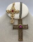 Vintage Religious Cross Necklace Lot Gold Tone Filigree Rhinestone Cabochon