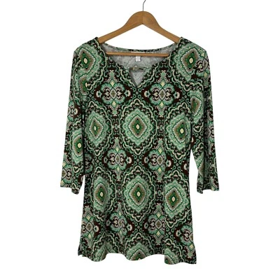 Top túnica Charter Club para mujer talla grande verde estampado cachemira detalle cuello barra Foto 1 de 4