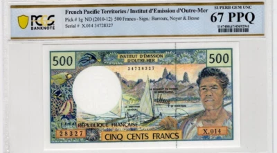 French Pacific Territories 2010 500 Francs PCGS Certified Banknote UNC 67 PPQ 1g - Image 1 of 2