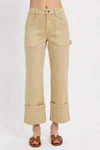 RISEN Full Size High Rise Wide Straight Cuffed Patch Jeans Plus Size - Picture 1 of 6