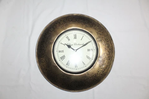 Hand engraved design steel shield dhal wall hanging clock yellow C 524 Cover