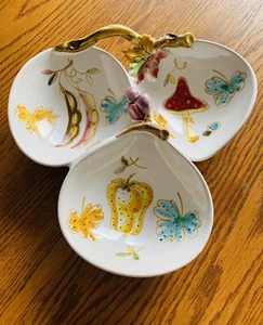 Vintage Italian Pottery Divided Serving Dish Mushroom Pepper Bean Pods Paintings - Picture 1 of 8