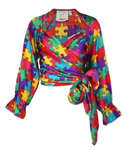VTG MOSCHINO Multicolored Jigsaw Puzzle Print Wrap Blouse, 1991-92, 42 IT - Picture 1 of 7
