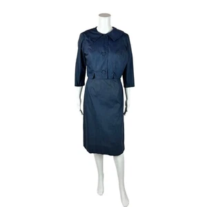 Vintage 50s Dress Set Womens Small Peter Pan Collar Navy Blue Pencil Matching - Picture 1 of 17