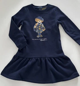 NWT, Girls Ralph Lauren Navy Sweatshirt Polo Bear Dress. Size S(7). Eu 130 - Picture 1 of 2