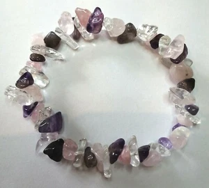 AMETHYST, QUARTZ & ROSE QUARTZ CHIP BEAD BRACELET WITH FREE AMETHYST TUMBLESTONE - Picture 1 of 3