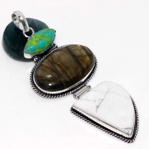 Howlite Fiery Labradorite 925 Silver Plated Gemstone Handmade Pendant 3.6" MJ - Picture 1 of 3