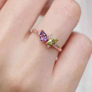 14K Rose Gold Plated Silver Lab Created  Peridot & Amethyst Engagement Ring - Picture 1 of 5