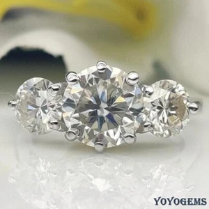Solid 14K White Gold Moissanite Three Stone Engagement Ring Round Cut 2.50 Carat - Picture 1 of 16