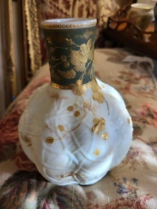 Vintage Harrach Bohemian Czech Art Glass Enameled Melon Vase Gold Flowers Green - Picture 1 of 9