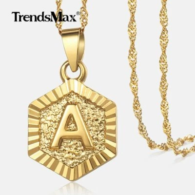 Collar Colgante Monagrama Hexágono Lleno de Oro Letra A-Z Para Hombre Cadena de Eslabones de 19" Foto 1 de 4