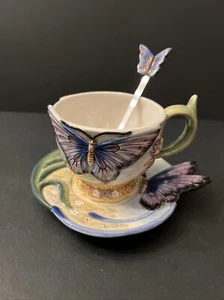 Blue Butterfly Ceramic Unique Shape Coffee Cup,Saucer And Spoon Set New. - Picture 1 of 7