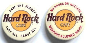 2 PINES ANTIGUOS DE CAFÉ HARD ROCK SALVAR EL PLANETA Y NO SE PERMITEN DROGAS NI ARMAS NUCLEARES - Imagen 1 de 3