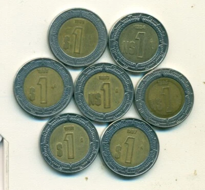 7 MONEDAS BIMETÁLICAS DE 1 PESO de MÉXICO (1993/1994/1995/1996/1997/1998/1999) Foto 1 de 2