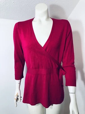 7th Avenue Womens Medium Bright Magenta Sweater Crossed Front 3/4 Sleeves Tie Foto 1 de 4
