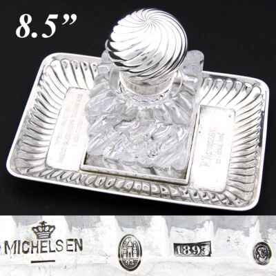 Tintero antiguo Anton Michelson de plata de ley y baccarat de vidrio arremolinado con bandeja Foto 1 de 4