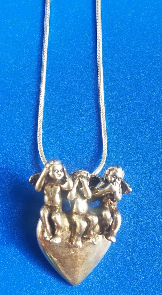 Vintage Sterling Silver KABANA 3 Angels Cherubs Pendant 21" Necklace No evils.  - Image 1 of 4
