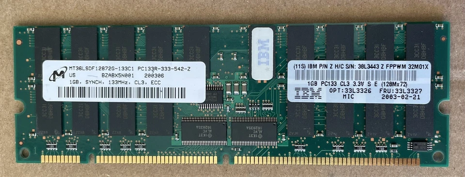 Micron / IBM MT36LSDF12872G-133C1 / 33l3327 PC133 1GB ECC REG (FOR SERVER) - Image 1 of 1