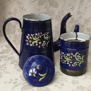 Rarest COBALT BLUE Old FRENCH ENAMELWARE COFFEE POT BIGGIN FLORALS Ribbed Spout - Picture 1 of 9