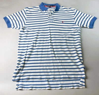 Vintage 90s Polo Ralph Lauren Blue Striped Polo Shirt S, DESTROYED - Image 1 of 4