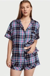 Victoria's Secret Short PJ Set Pink/Blue Flannel Button Down Size XL - Picture 1 of 17