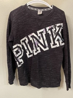 PINK Victoria's Secret Varsity Crew Sweatshirt Small Spellout Gray-black Preppy - Image 1 of 4