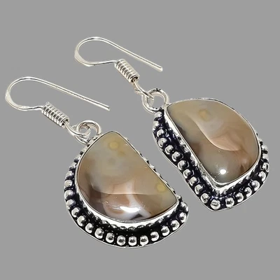 Brinco de prata esterlina 925 pedra preciosa jaspe natural oceano 1,7" J316 - Imagem 1 de 4