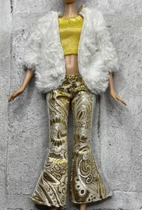 Gold and White Barbie Clothes Lot #290 Belle Bottom Pants, Fur Coat, Top - Picture 1 of 8