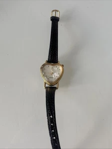 Vintage Quarz Gold Herz Zifferblatt Uhr mit schwarzem Leder - Bild 1 von 3